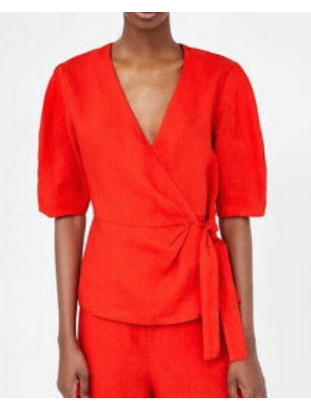 ZARA WOMAN Red Linen Puff Shoulder Wrap Top XS